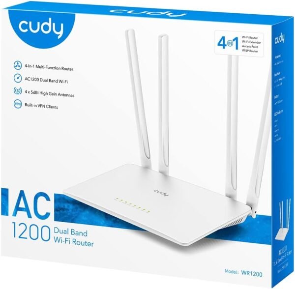 CUDY WR1200 AC1200 4-Stream Dual-Band WiFi Router Extender Wireless Access Point ;  867 Mbps + 300 Mbps Wi-Fi ;  5 Fast Ethernet Ports ; 4 High-Gain Antennas ; 40 Connected Devices ; Covers 100m² ;  Router/AP/RE/WISP/Client Modes ;  Cudy App | NO WARRANTY