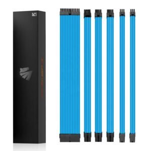 AsiaHorse 18AWG Blue Sleeved PSU Extension Cable Kit – 6 Pack, 300mm, PET Braided, Phosphor Copper Terminals, Durable & Flexible Cable Management Solution
