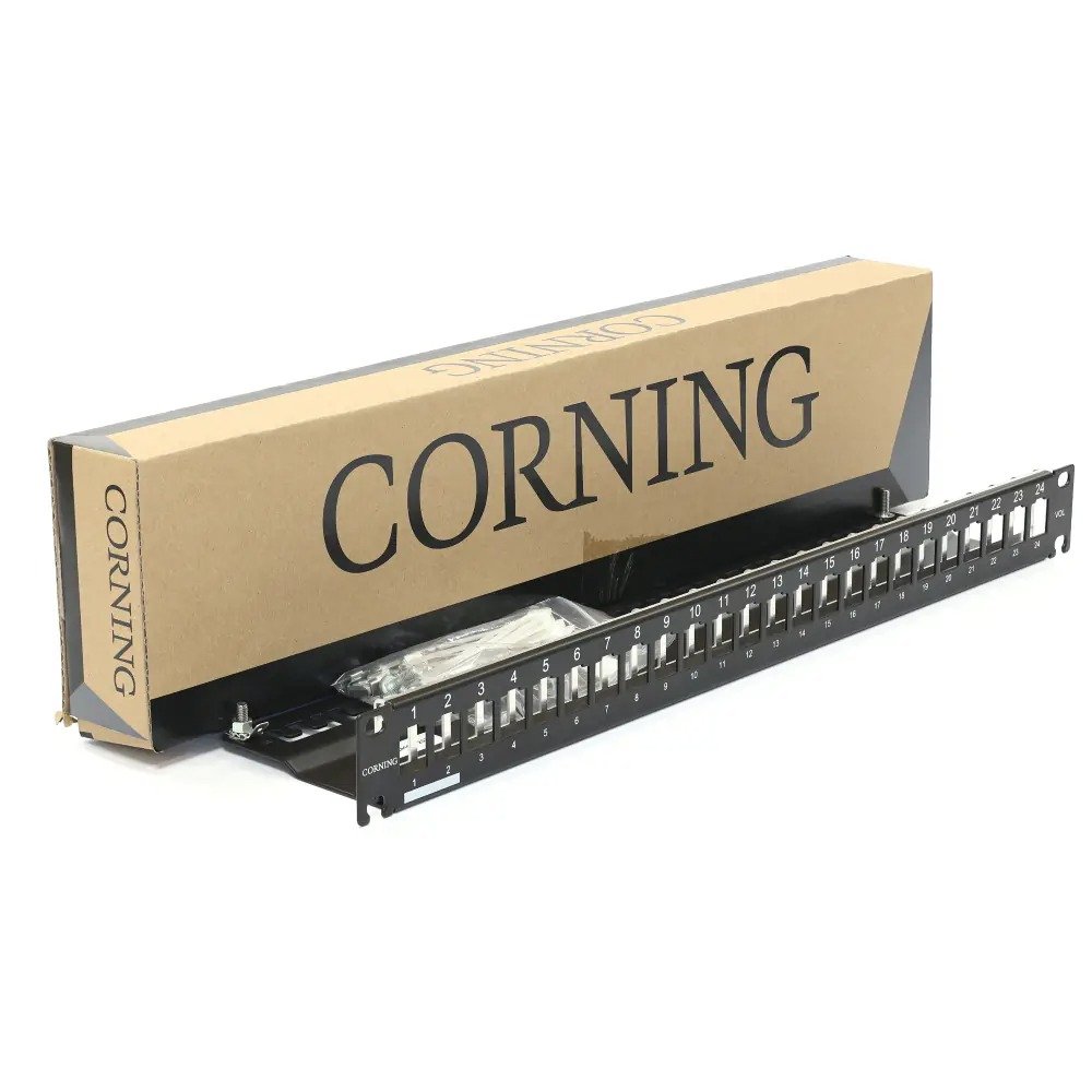 CORNING 3M Everon 24-Port Patch Panel | 1U Rack-Mount | Aluminum Housing | Grounding Kit Included | Universal 19″ Rack | Integrated Cable Strain Relief