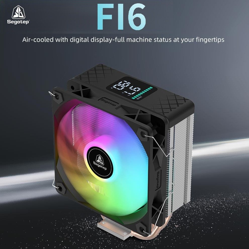 Segotep F16 ARGB CPU Air Cooler with 6×6mm Copper Heat Pipes, Detachable Digital Display, 120mm Hydraulic Bearing Fan, 155mm Tower Height, Intel LGA/AMD AM4/AM5 Compatible | Black
